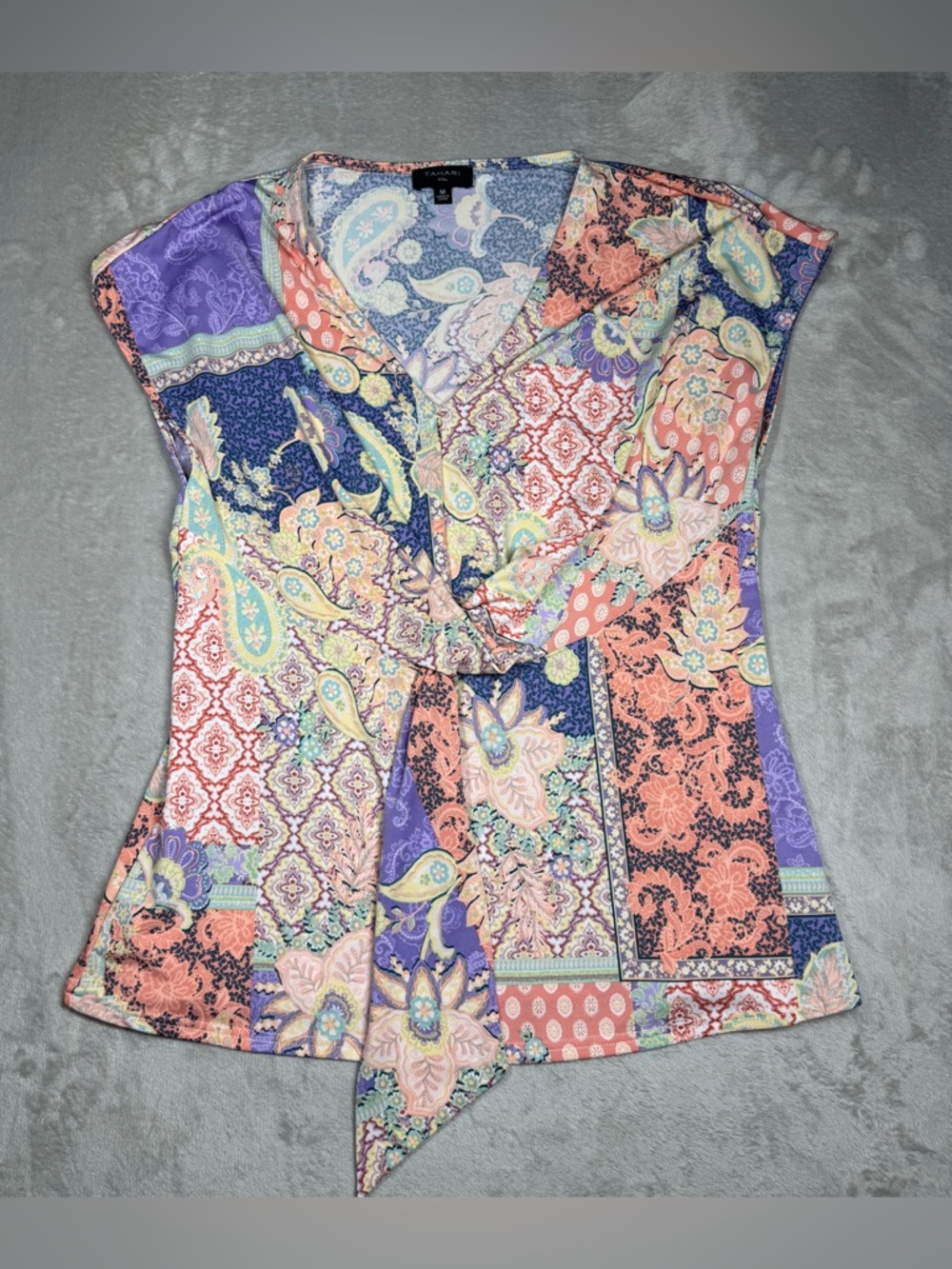 Tahari ASL Pastel Patchwork Floral Paisley Draped Cap Sleeve Blouse Top Size M